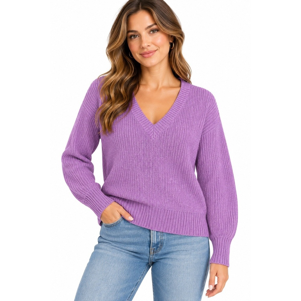 Chelsea28 Womens Purple Ribbed V-Neck Sweater Cotton Wool Blend Large